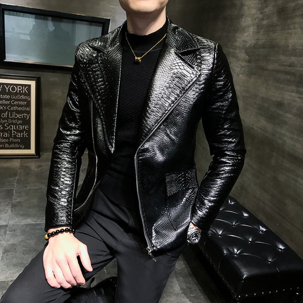 Turn Down Collar Imitation Alligator Leather Jacket Men