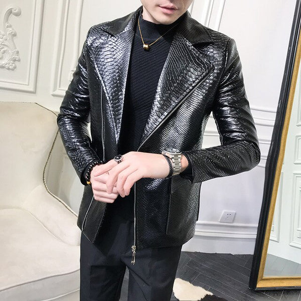 Turn Down Collar Imitation Alligator Leather Jacket Men