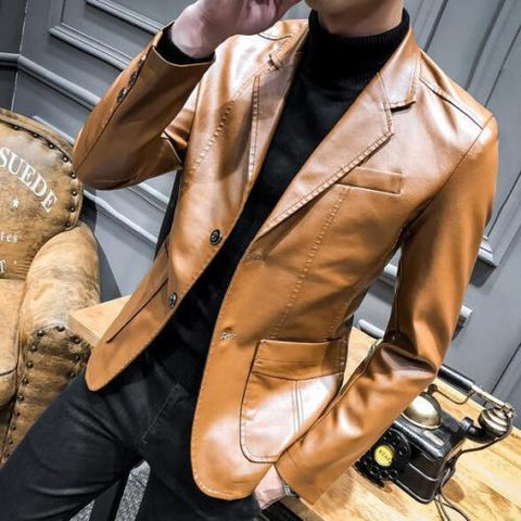Casual Slim Leather  Blazer Jacket Men