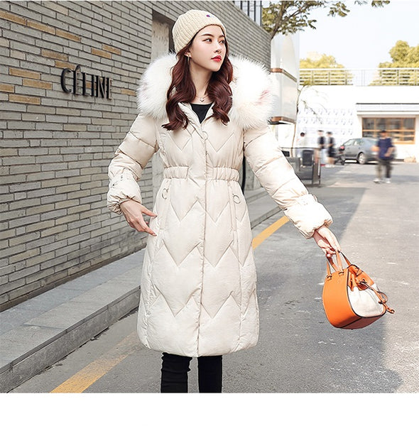 Long Slim Fur  Cotton Padded Warm Jacket Women