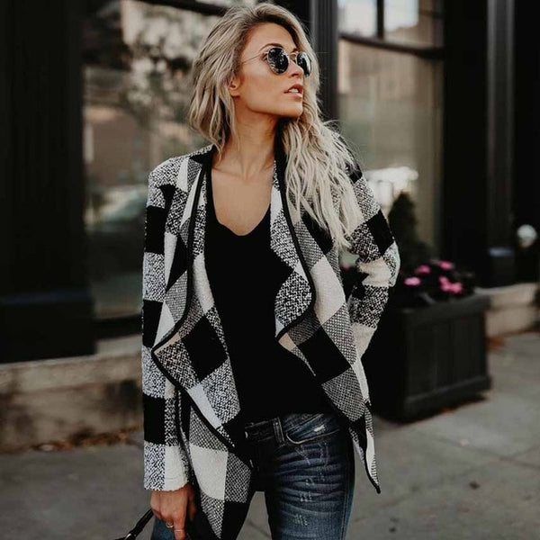 Woolen Coat  Classic Plaid Long Sleeve Jacket Women
