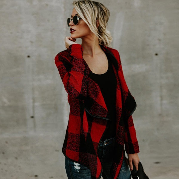 Woolen Coat  Classic Plaid Long Sleeve Jacket Women